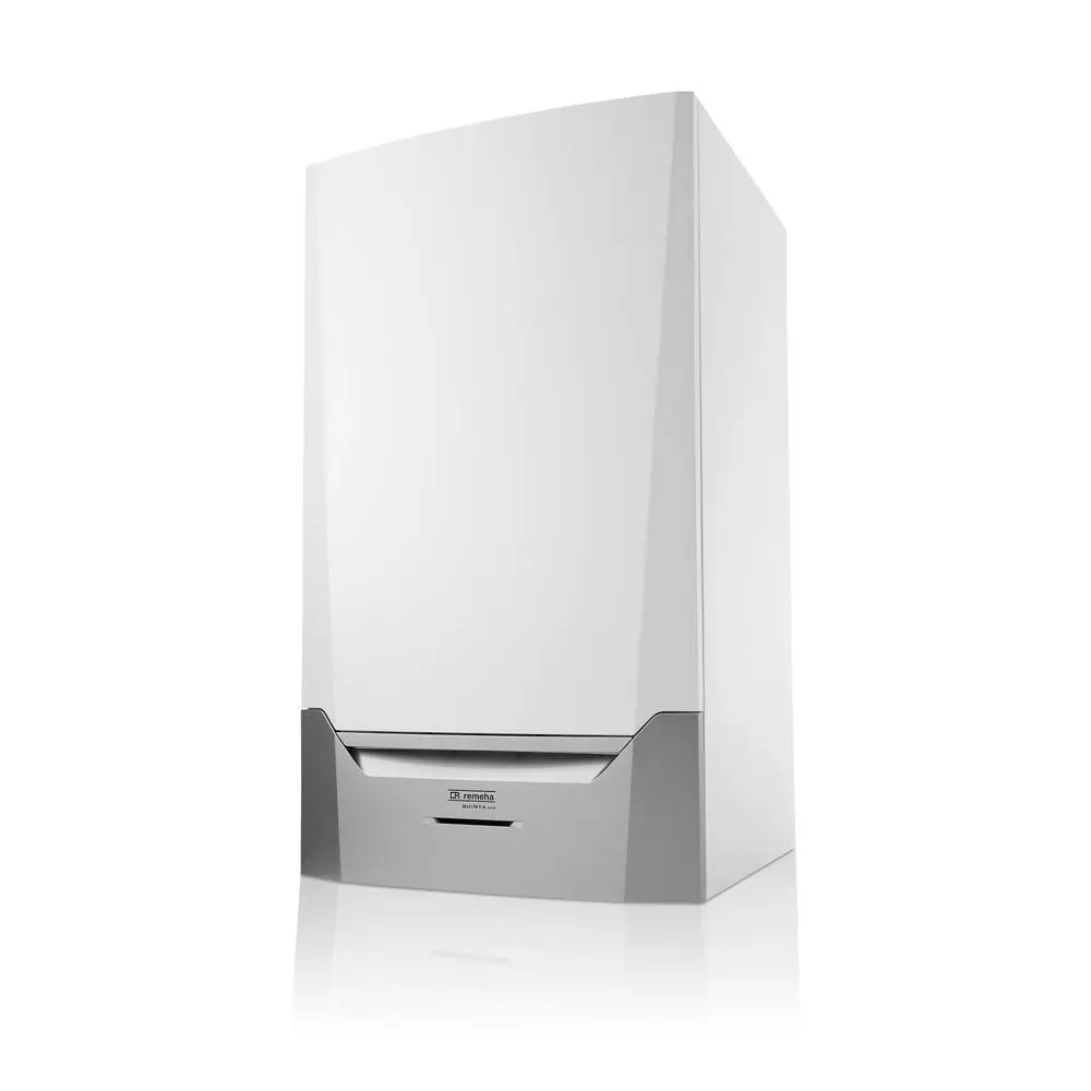 Weißer Gas-Brennwert-Wandheizkessel von Remeha mit glatter Oberfläche und einem technischen Display im unteren Bereich.
